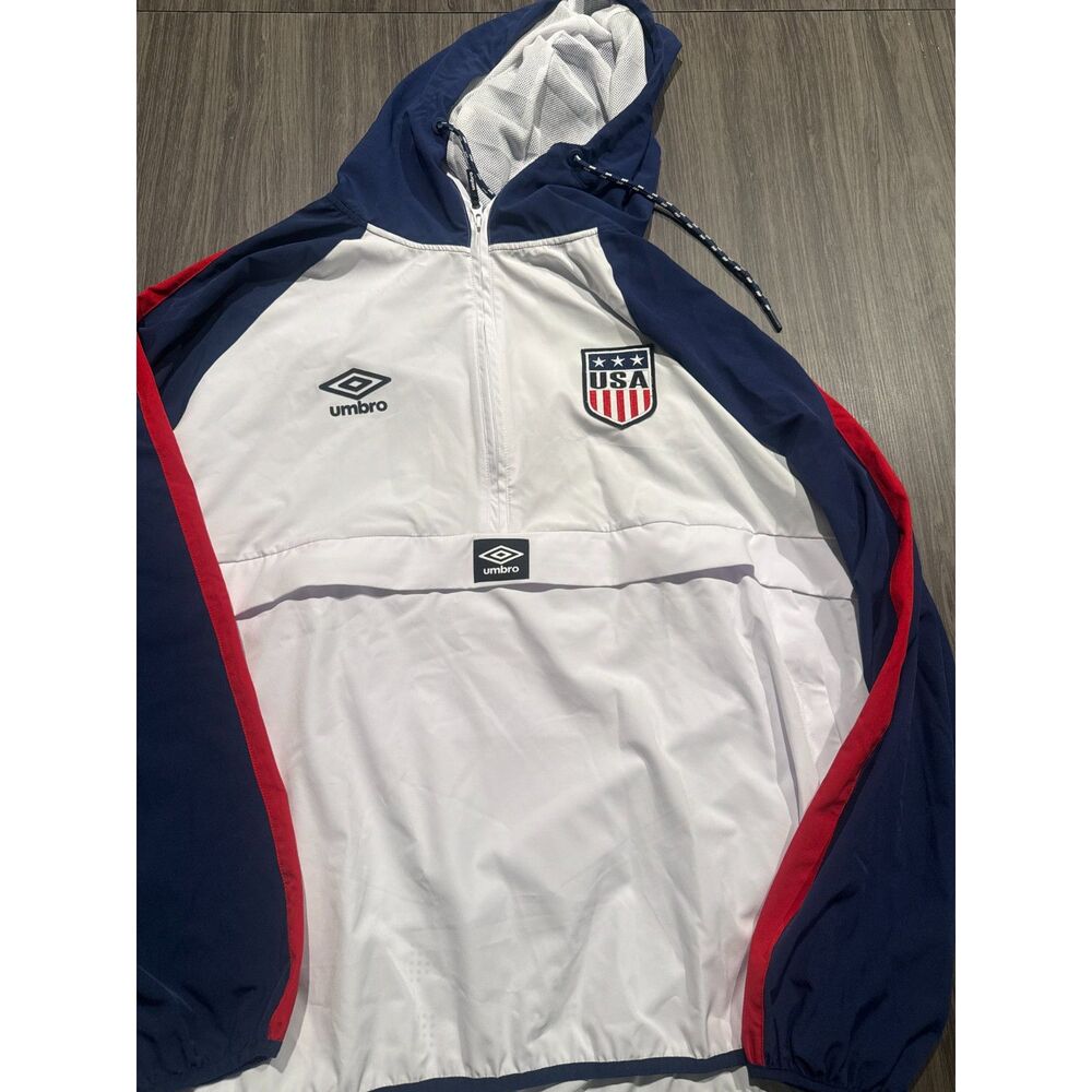 Umbro USA Soccer Jacket Mens 2XL XXL Hooded Pullover Windbreaker Red White Blue
